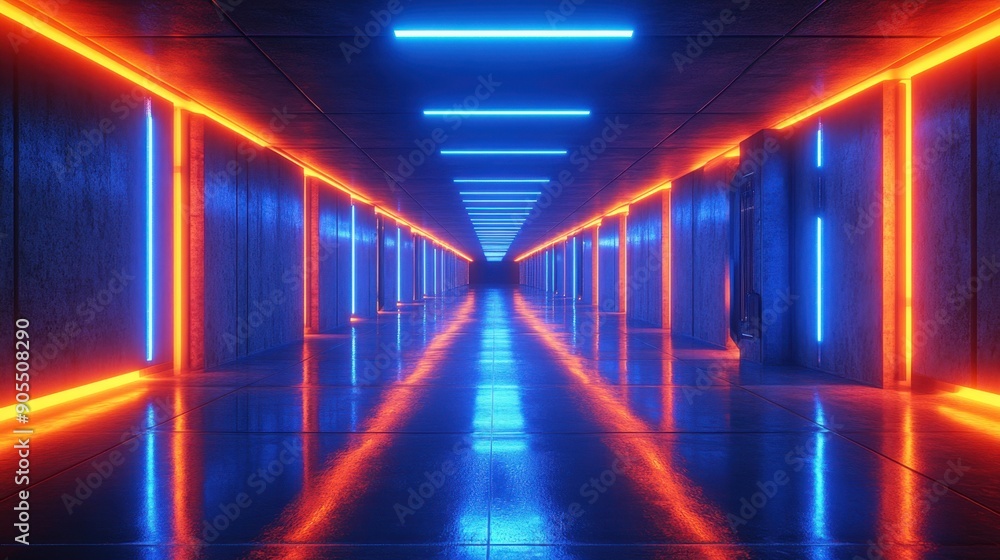 Retrofuturistic corridor with neon blue and orange glow, sleek concrete surfaces, glossy reflections, and cyberpunk aesthetics. Retrofuturistic corridor with neon blue and orange glow, sleek concrete surfaces, glossy reflections, and cyberpunk aesthetics.