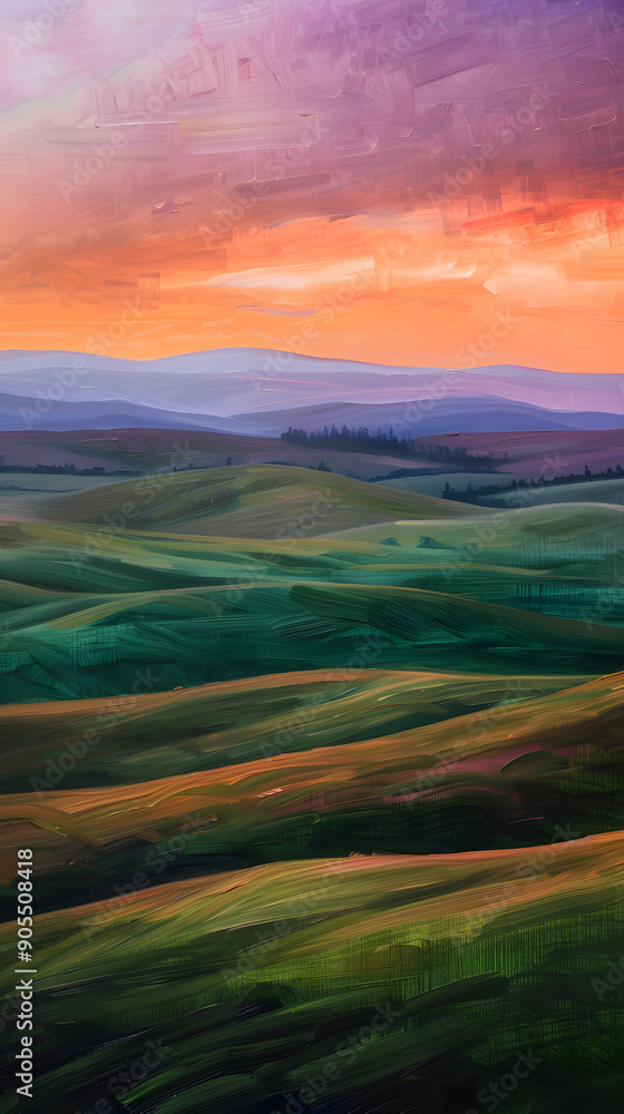 Serene Landscape: An Oil Brush Strokes Masterpiece of Rolling Hills and Vibrant Skies Serene Landscape: An Oil Brush Strokes Masterpiece of Rolling Hills and Vibrant Skies