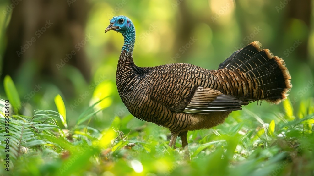 A turkey wandering through a lush forest grass, surrounded by vibrant greenery. A turkey wandering through a lush forest grass, surrounded by vibrant greenery.