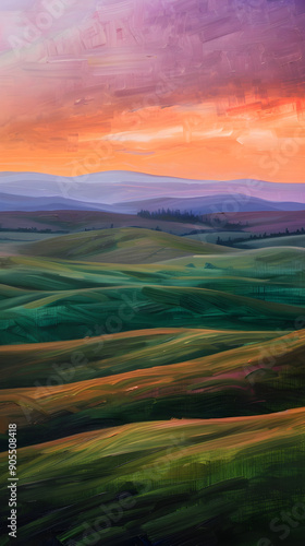 Serene Landscape: An Oil Brush Strokes Masterpiece of Rolling Hills and Vibrant Skies