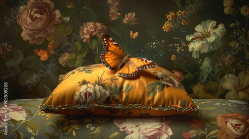 Colorful butterfly resting on a vintage floral pillow in a cozy setting with artistic wallpaper