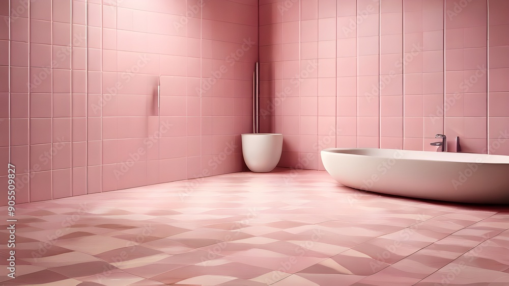 Checkered marble tiles in pink and white in the bathroom with big round tub Checkered marble tiles in pink and white in the bathroom with big round tub