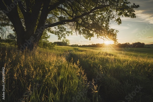 Golden sunset illuminating a serene field with tall grass and a majestic tree.
