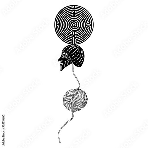 Head of ancient Sumerian man with a round spiral maze or labyrinth symbol and a yarn ball. Mesopotamian  Theseus. Ariadne's thread. Mythological philosophical design. Black and white silhouette.