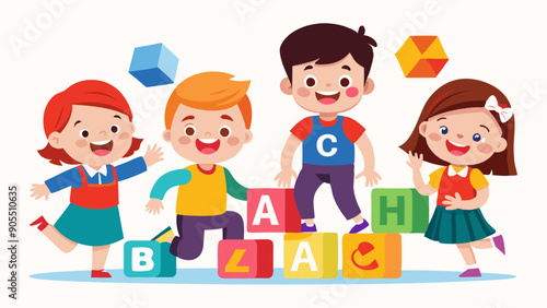 draw a simple happy school children with alphabet vector illustration