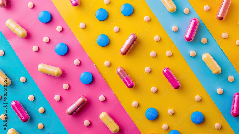 Colorful pills and tablets arranged in vibrant patterns on a multicolored background. Bright and eye-catching pharmaceutical concept. Colorful pills and tablets arranged in vibrant patterns on a multicolored background. Bright and eye-catching pharmaceutical concept.