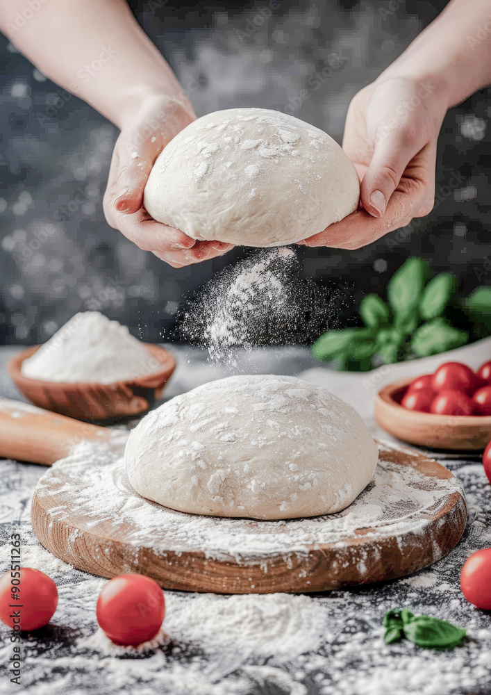 Fototapeta premium Mastering the Art of Pizza Making Fresh Dough Ready for Traditional Hand-Tossed Pizza Preparation like in Naples Italy