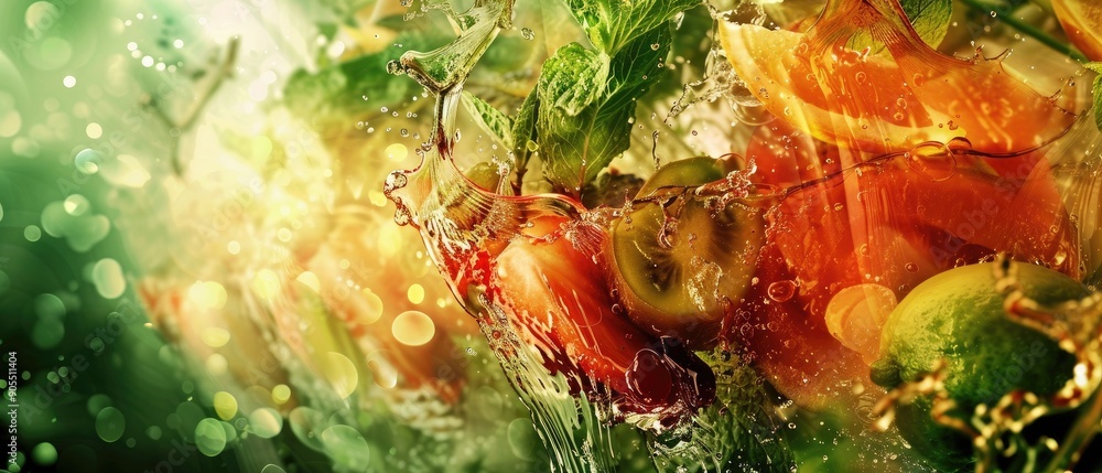 Vibrant and refreshing fruit splash with kiwi, strawberries, berries, and leafy greens in an abstract and dynamic underwater setting. Vibrant and refreshing fruit splash with kiwi, strawberries, berries, and leafy greens in an abstract and dynamic underwater setting.