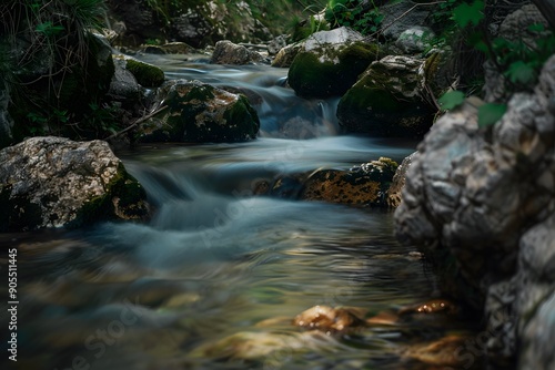 A serene stream flowing over rocks in a lush green environment.