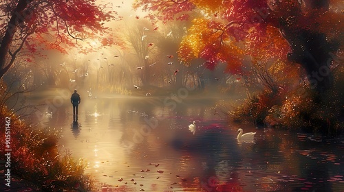 Digital art in oil painting: Silhouette of a distant man walking in the beautiful park full of nature