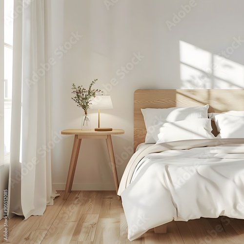 Bright and airy bedroom featuring soft white bedding and a minimalist aesthetic.