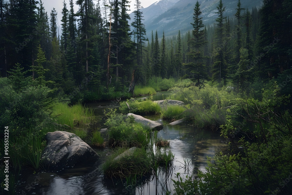Tranquil forest stream flowing through lush greenery and rocky terrain. Tranquil forest stream flowing through lush greenery and rocky terrain.