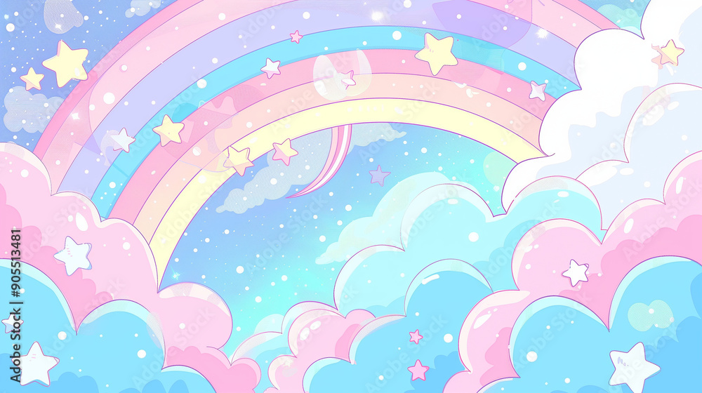 Pastel background with pink, blue, and purple sky, featuring stars, a rainbow, and soft clouds in a cute cartoon style, depicting a dreamy fantasy world in a whimsical and enchanting vector illustrati Pastel background with pink, blue, and purple sky, featuring stars, a rainbow, and soft clouds in a cute cartoon style, depicting a dreamy fantasy world in a whimsical and enchanting vector illustrati