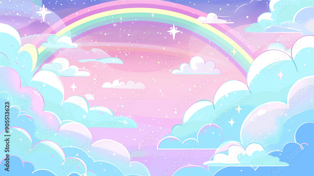 Pastel background with pink, blue, and purple sky, featuring stars, a rainbow, and soft clouds in a cute cartoon style, depicting a dreamy fantasy world in a whimsical and enchanting vector illustrati Pastel background with pink, blue, and purple sky, featuring stars, a rainbow, and soft clouds in a cute cartoon style, depicting a dreamy fantasy world in a whimsical and enchanting vector illustrati