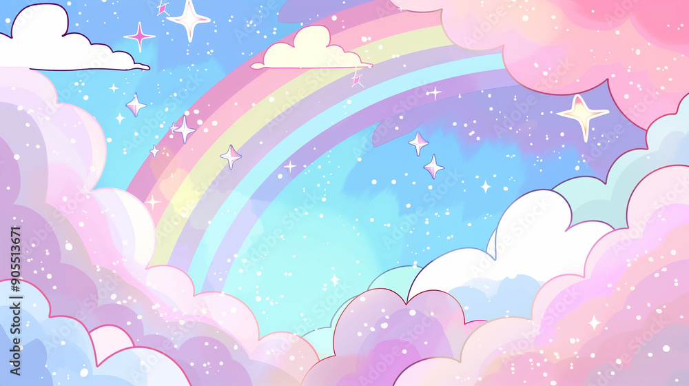 Pastel background with pink, blue, and purple sky, featuring stars, a rainbow, and soft clouds in a cute cartoon style, depicting a dreamy fantasy world in a whimsical and enchanting vector illustrati Pastel background with pink, blue, and purple sky, featuring stars, a rainbow, and soft clouds in a cute cartoon style, depicting a dreamy fantasy world in a whimsical and enchanting vector illustrati