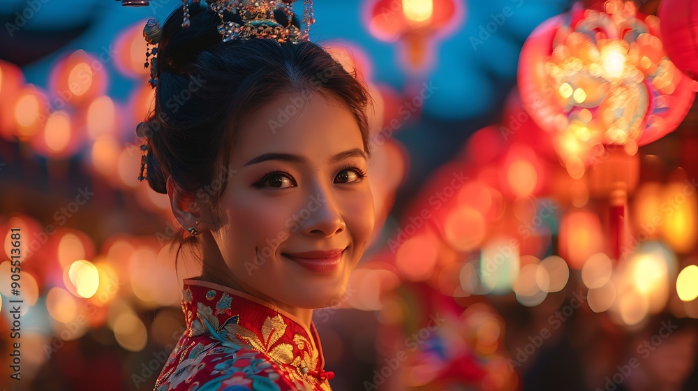 A beautiful image of a Chinese model in festive attire, standing amidst a lively Chinese festival with lanterns and a dragon dance. A beautiful image of a Chinese model in festive attire, standing amidst a lively Chinese festival with lanterns and a dragon dance.
