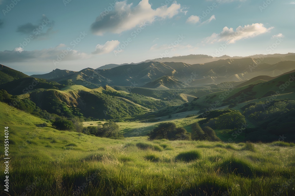Fototapeta premium Breathtaking view of rolling green hills under a serene sky at sunset.