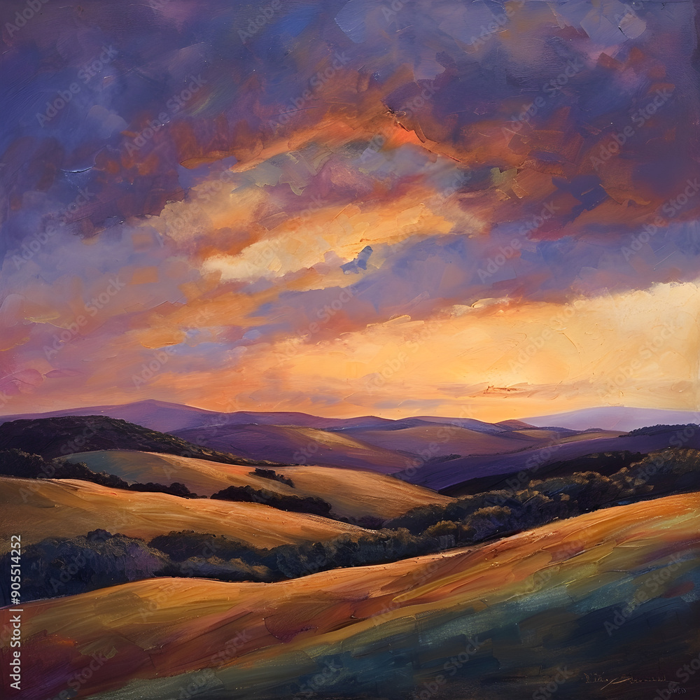 Fototapeta premium Serene Landscape: An Oil Brush Strokes Masterpiece of Rolling Hills and Vibrant Skies
