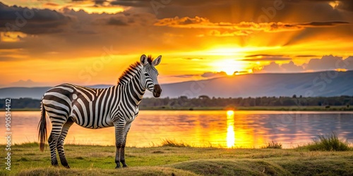 A stunning zebra standing gracefully at sunset along the shores of Lake Naivasha, zebra, wildlife, nature, sunset © lapeepon
