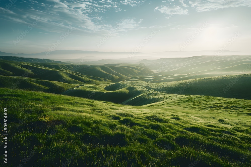 Fototapeta premium Serene landscape of rolling green hills under a tranquil sky.