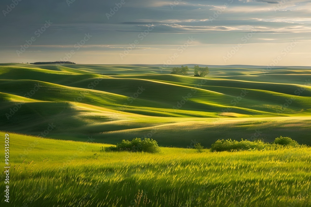 Obraz premium Stunning green hills bathed in golden sunlight during a serene landscape scene.
