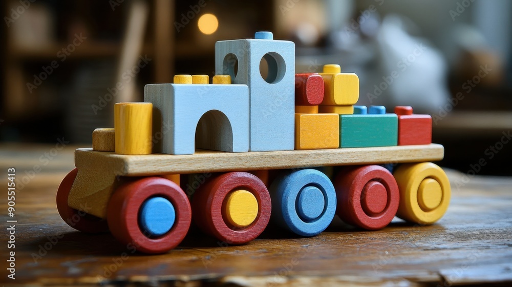 Wood block set toy vehicle wheel, colorful and playful, detailed craftsmanship, childlike wonder, educational toy Wood block set toy vehicle wheel, colorful and playful, detailed craftsmanship, childlike wonder, educational toy