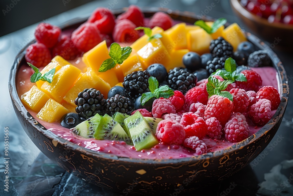 Colorful Fruit Bowl With Fresh Berries and Mango Served on a Black Table Colorful Fruit Bowl With Fresh Berries and Mango Served on a Black Table