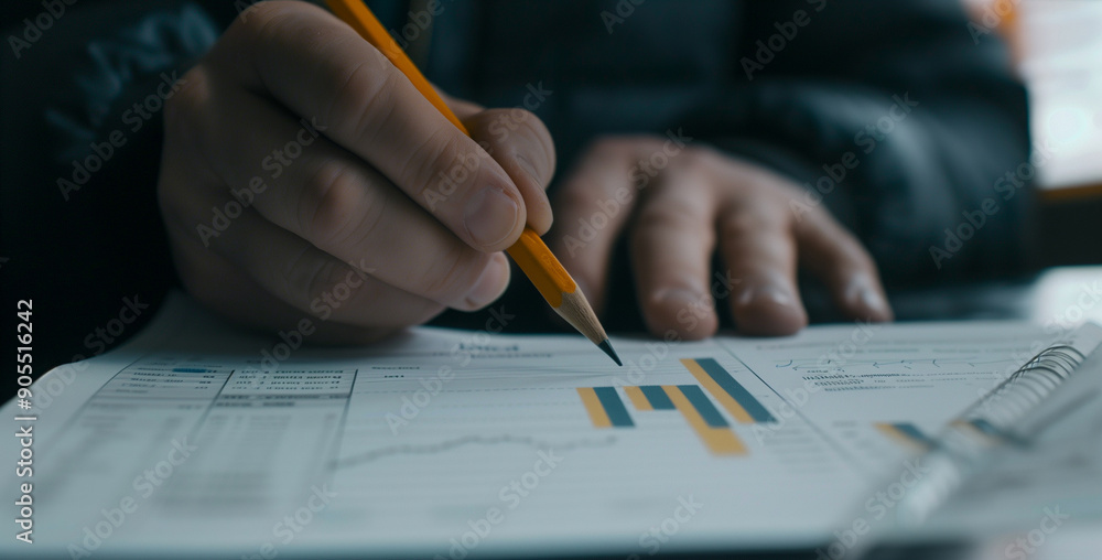 Consultant's Hand Holding Pencil Analyzing Charts