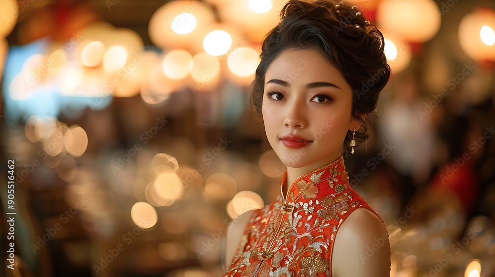 A glamorous photograph of a Chinese model in an exquisite evening dress, standing confidently at a formal gala with a beautifully decorated venue. The ambient lighting creates a luxurious atmosphere. A glamorous photograph of a Chinese model in an exquisite evening dress, standing confidently at a formal gala with a beautifully decorated venue. The ambient lighting creates a luxurious atmosphere.