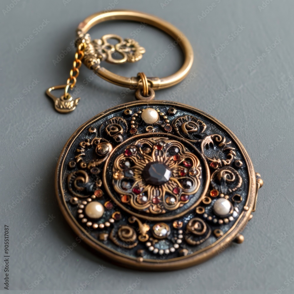 A detailed, circular pendant with ornate design and gemstone accents. The pendant hangs from a golden chain with a key charm. A detailed, circular pendant with ornate design and gemstone accents. The pendant hangs from a golden chain with a key charm.