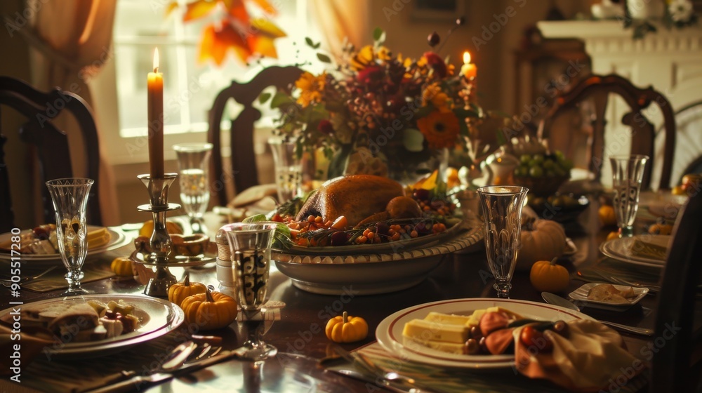 A beautifully set Thanksgiving table with a roasted turkey, candles, and fall decor. A beautifully set Thanksgiving table with a roasted turkey, candles, and fall decor.