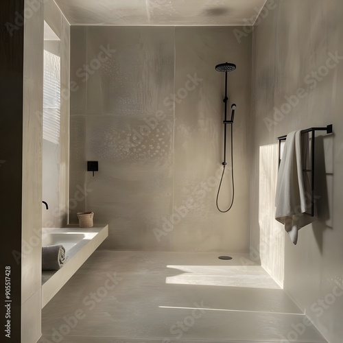 Sleek modern bathroom with a walk-in shower and minimalist design. photo