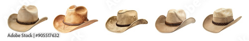 Beige leather cowboy hats isolated on white or transparent background