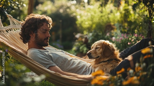 Fototapeta Naklejka Na Ścianę i Meble -  A man and his dog relax on a hammock in their garden, enjoying a lazy afternoon. The dog lies contentedly beside the man, who gently pets it. The garden is beautifully landscaped with a mix of
