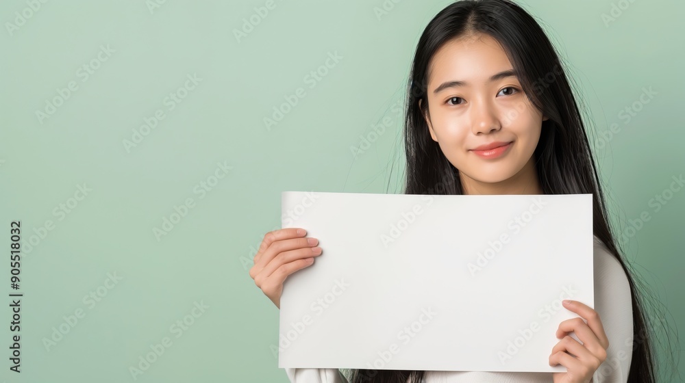 Young Asian Woman Holding Blank White Sign, Soft Green Background with copy space for text Young Asian Woman Holding Blank White Sign, Soft Green Background with copy space for text
