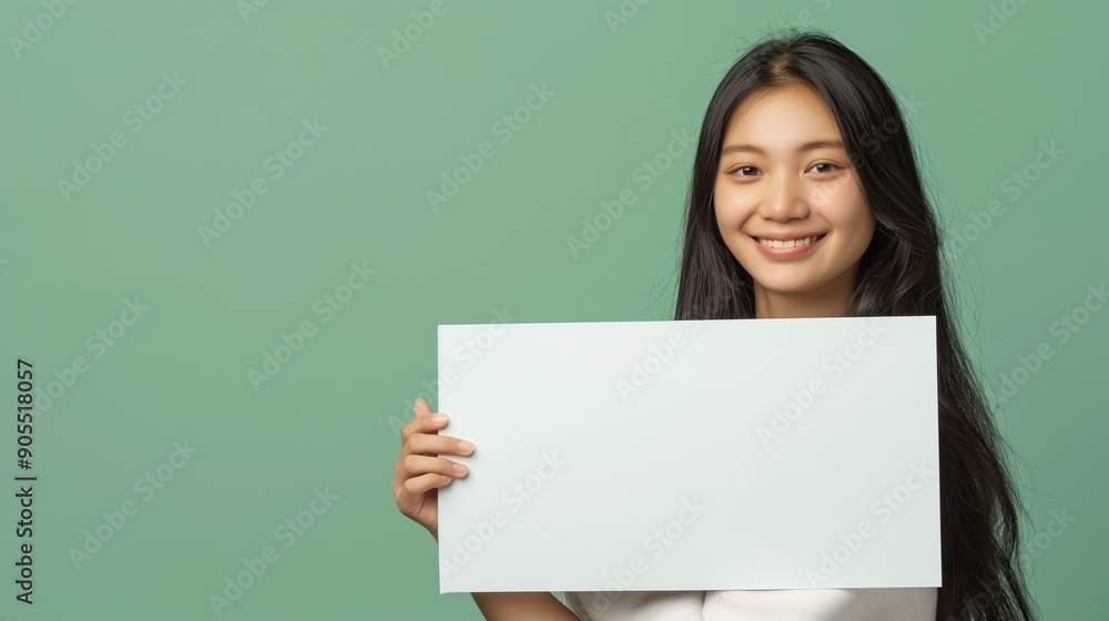 Smiling Young Asian Woman with a Blank White Sign on Green Background with copy pace for text Smiling Young Asian Woman with a Blank White Sign on Green Background with copy pace for text