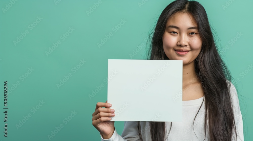 Asian Young Woman holding Blank White Board with Copy Space for Text,