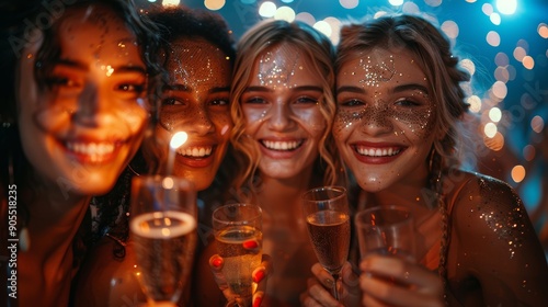 Four Friends Celebrating With Sparkling Beverages at a Joyful Evening Gathering Full of Glitter and Lights