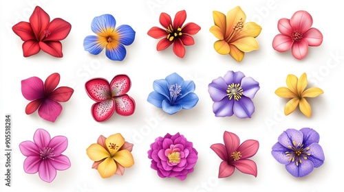 Tropical flowers sticker set, vibrant and colorful, featuring a variety of exotic blooms with 3D cartoon style, perfect for botanical enthusiasts.