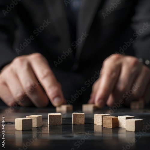 A businessman's hands carefully arrange wooden blocks on a table, representing strategy, planning, or problem-solving.