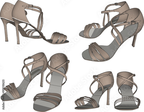 Vector sketch illustration of unique women's shoe sandal design with classic vintage ethnic details