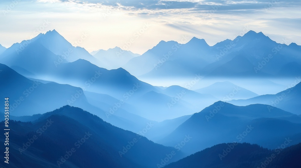 Obraz premium Majestic mountains bathed in serene light, inviting viewers to discover the peaceful beauty of nature's grandeur.