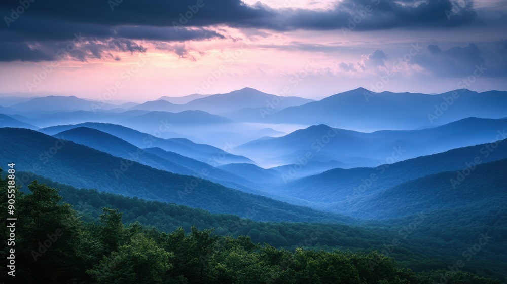 Obraz premium Majestic mountains bathed in serene light, inviting viewers to discover the peaceful beauty of nature's grandeur.