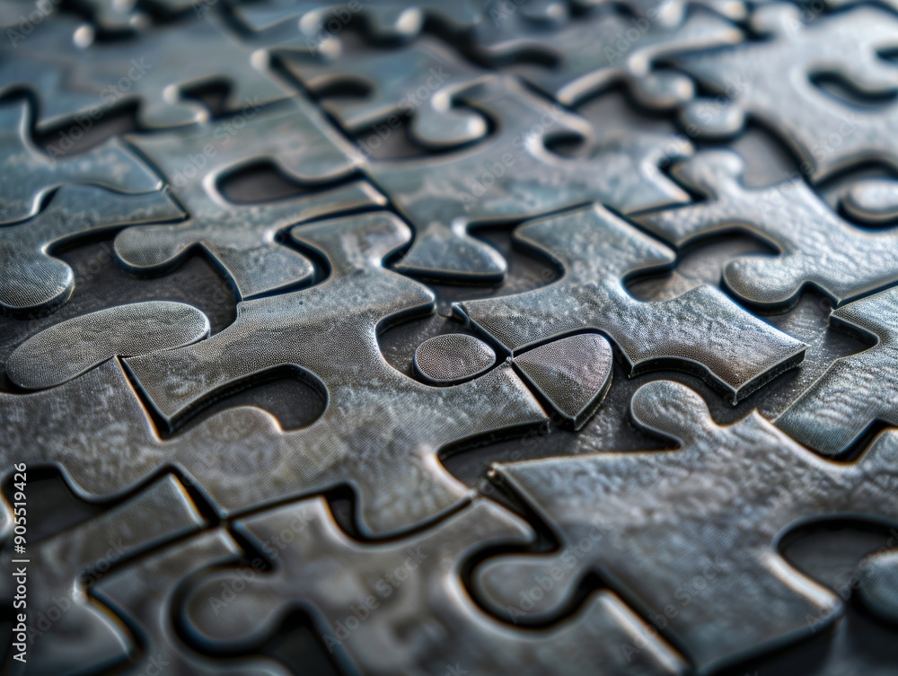 A close-up of a metallic jigsaw puzzle, with many pieces interlocked. The puzzle is a metaphor for problem solving, teamwork and challenges. A close-up of a metallic jigsaw puzzle, with many pieces interlocked. The puzzle is a metaphor for problem solving, teamwork and challenges.