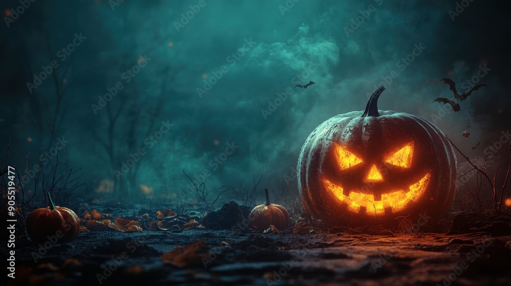 Naklejka premium Halloween background with ample space for text, featuring classic spooky elements and a dark, eerie atmosphere.