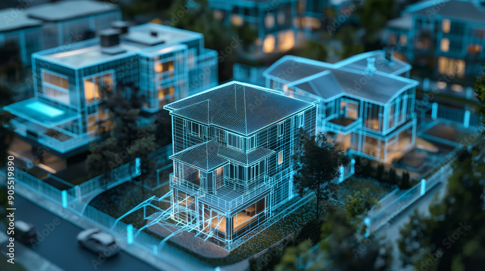 Abstract glowing house chip hologram on dark background. Smart home ai and information concept. Abstract glowing house chip hologram on dark background. Smart home ai and information concept.