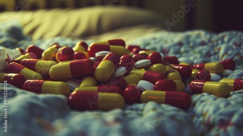 A close-up of various pills and capsules scattered on a bedspread.  The image suggests a sense of illness or medication. photo