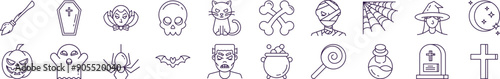 Collection of Line Icons of Halloween for Adverts. Suitable for books, stores, shops. Editable stroke in minimalistic outline style. Symbol for design