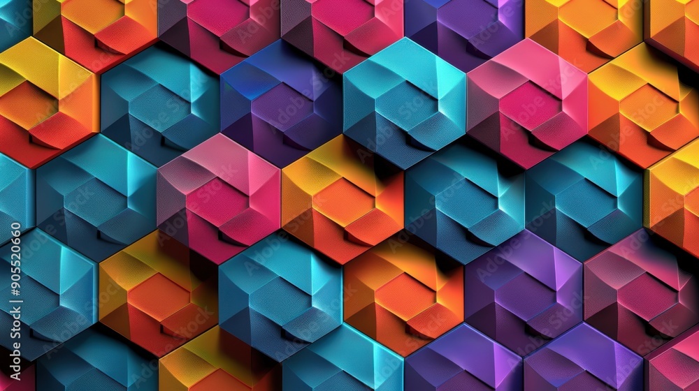 Hexagon pattern background featuring a repeating honeycomb design with vibrant colors and a 3D effect, creating a sense of depth and complexity, ideal for modern, geometric-themed designs or adding Hexagon pattern background featuring a repeating honeycomb design with vibrant colors and a 3D effect, creating a sense of depth and complexity, ideal for modern, geometric-themed designs or adding