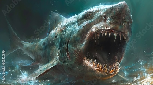 A fierce shark swimming in deep water, showcasing its powerful jaws and sharp teeth, ready to hunt in the ocean depths.